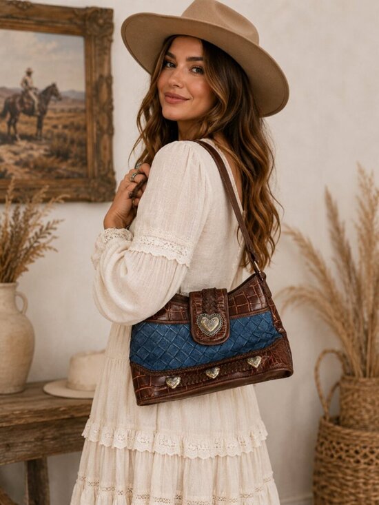 Brighton Handbags - Vintage Brighton Denim & Croc Embossed Leather Shoulder Bag